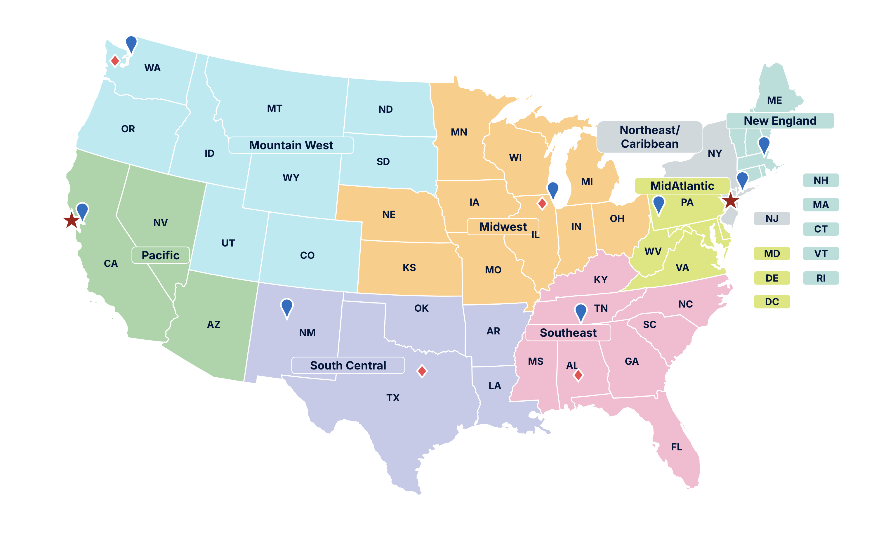 Map of the US with AETC locations marked as symbols