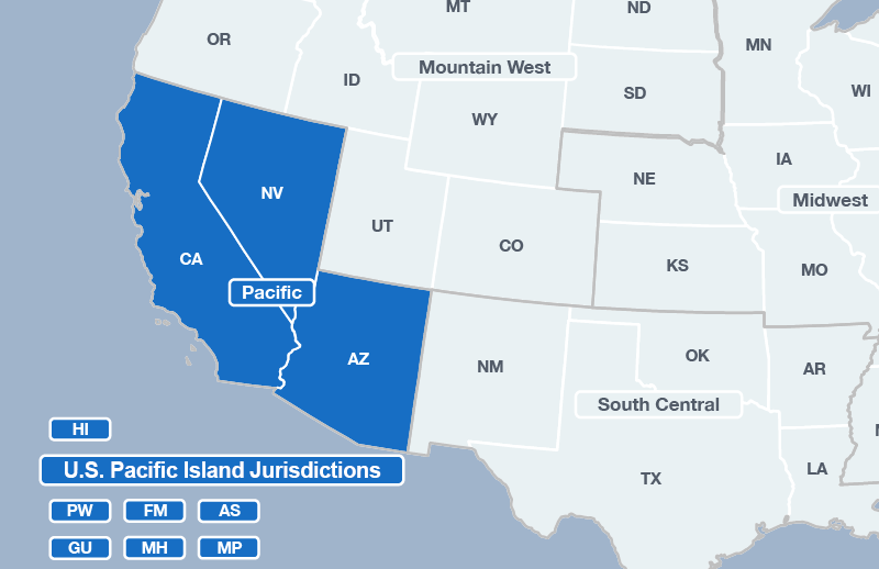 A map of the southwest United States, highlighting California, Nevada, and Arizona, along with Pacific Island jurisdictions