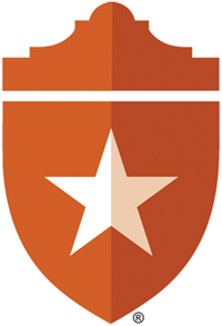 An orange shield with a white star centered on the bodfy of the shield