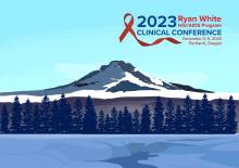Ryan White 2023 logo Ryan White 2023 Logo over a mountain range background