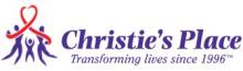 Christie's Place logo. Purple text on a white background; purple stick figures holding a red ribbon.